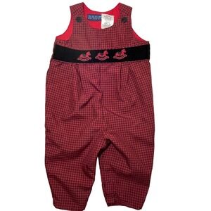 Vintage In Design Baby Infant Romper One-Piece Red Black Plaid Rocking Horse 3-6